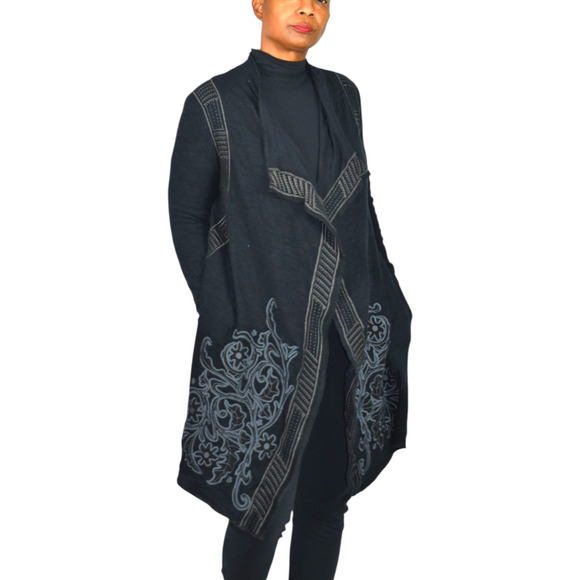 Paparazzi Biz Embroidered Asymmetric Cardigan Jacket Black Duster Cotton Medium - Picture 15 of 16